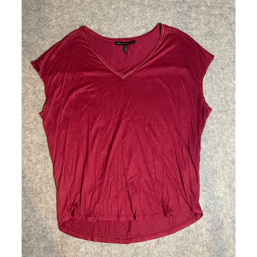 White House Black Market Red V-Neck Cap Sleeve Metallic Trim Blouse Medium